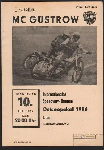 Speedway Güstrow 10.07.1986 , Ostseepokal Programmheft Programm Rennprogramm