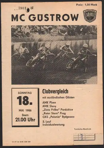 Speedway Güstrow 18.05.1986 Slany Pardubice Programmheft Programm Rennprogramm
