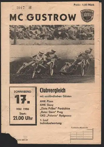 Speedway Güstrow 17.05.1986 Bydgoszcz Prag Programmheft Programm Rennprogramm