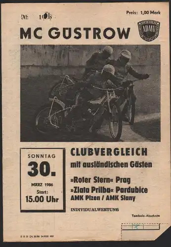 Speedway Güstrow 30.03.1986 Slany Pardubice Programmheft Programm Rennprogramm