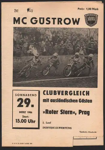 Speedway Güstrow 29.03.1986 Prag Programmheft Programm Rennprogramm