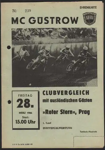 Speedway Güstrow 28.03.1986 Prag Programmheft Programm Rennprogramm