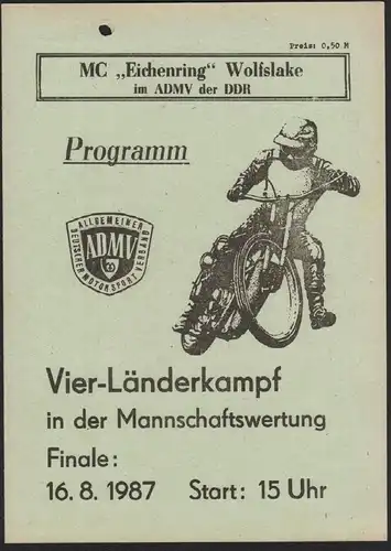 Speedway Wolfslake , 16.08.1987 , CSSR Ungarn Programmheft Programm Rennprogramm