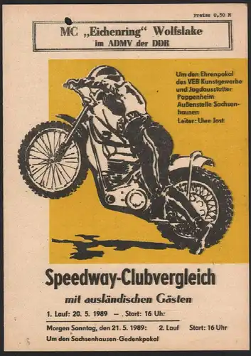 Speedway Wolfslake , 20.05.1989, Plzen Rovno Programmheft Programm Rennprogramm