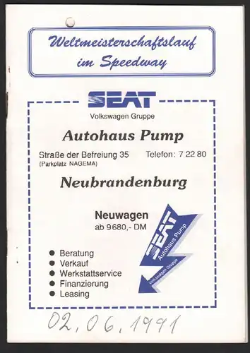 Speedway Neubrandenburg , 2.06.1991, Weltmeisterschaft Programmheft Rennprogramm Programm