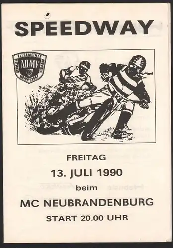 Speedway Neubrandenburg ,13.07.1990, DK , Rus , S , CZ Programmheft Rennprogramm Programm