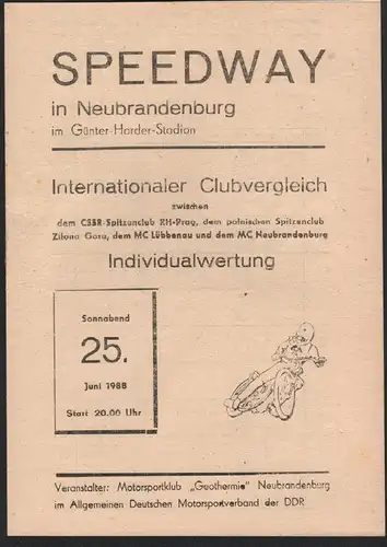 Speedway Neubrandenburg , 25.06.1988 , Zielona Gora , Programmheft Rennprogramm