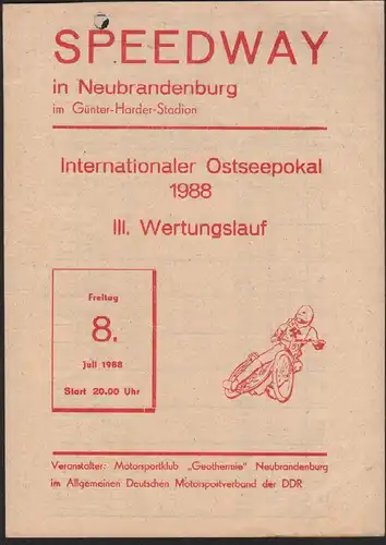Speedway Neubrandenburg , 8.07.1988 , Ostseepokal , Programmheft Rennprogramm