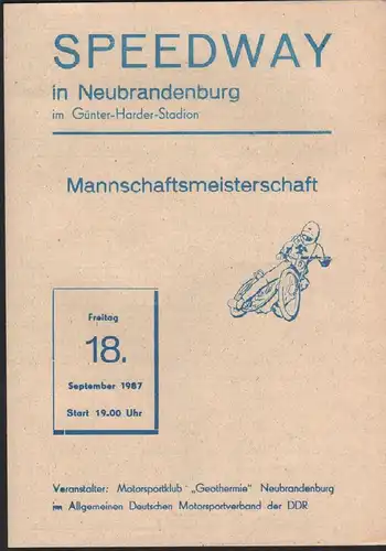 Speedway Neubrandenburg , 18.09.1987 , DM Mannschaft , Programmheft Rennprogramm