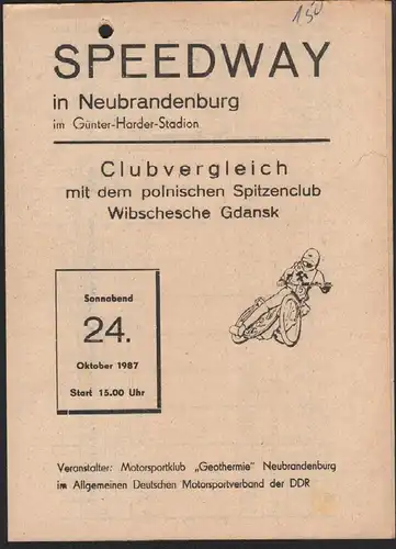 Speedway Neubrandenburg , 24.10.1987 , Gdansk , Programmheft Rennprogramm