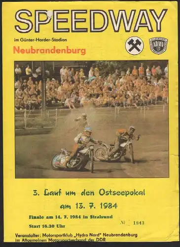 Speedway Neubrandenburg , 13.07.1984 , Ostseepokal , Programmheft Rennprogramm