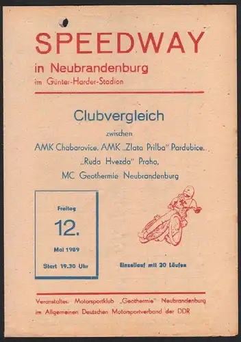 Speedway Neubrandenburg 12.05.1989 Praha , Pardubice Programmheft , Rennprogramm