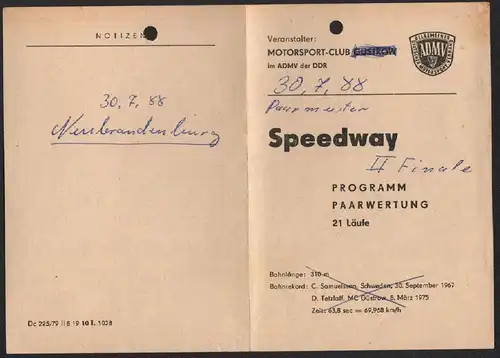 Speedway Neubrandenburg 30.7.1988 , DDR Paar Finale Programmheft , Rennprogramm