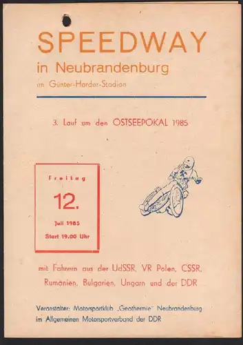 Speedway Neubrandenburg , 12.07.1985 , Ostseepokal , Programmheft Rennprogramm