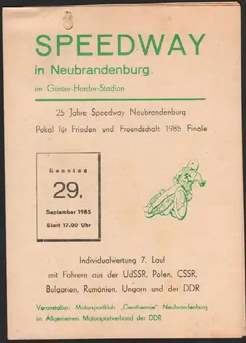 Speedway Neubrandenburg , 29.09.1985 , 7 Nationen , Programmheft Rennprogramm