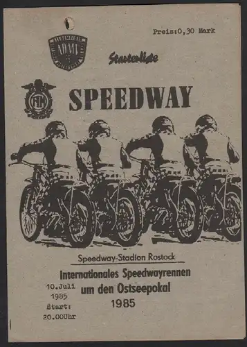 Speedway Rostock , 10.07.1985 , Ostseepokal , Programmheft , Rennprogramm
