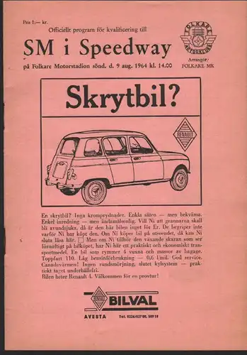 Speedway , Folkare 1964 , Ove Fundin ,L. Enecrona Sweden ,Rennprogramm , program