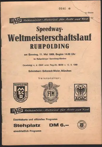 Speedway , Ruhpolding WM 11.05.1969 , Rennprogramm , Rennprogramm , program