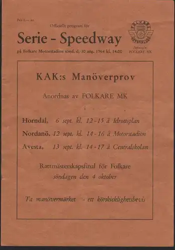 Speedway , Folkare 30.08.1964 , Sweden , Rennprogramm , Rennprogramm , program