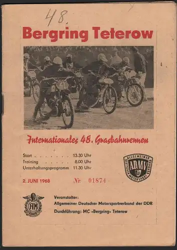 Bergring Teterow 2.06.1968 , Grasbahn , Rennprogramm , Rennprogramm , program !