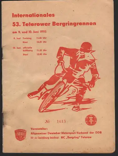 Bergring Teterow 10.06.1973 , Grasbahn , Rennprogramm , Rennprogramm , program !