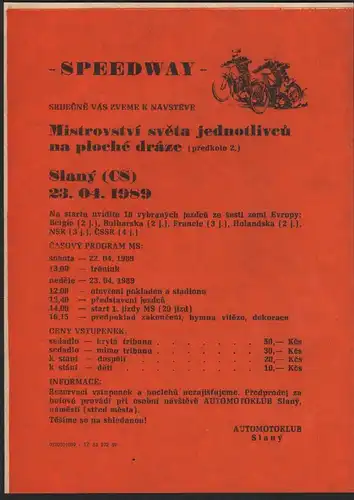 Speedway Slany WM 23.04.1989 , Ankündigung , Flyer !!!
