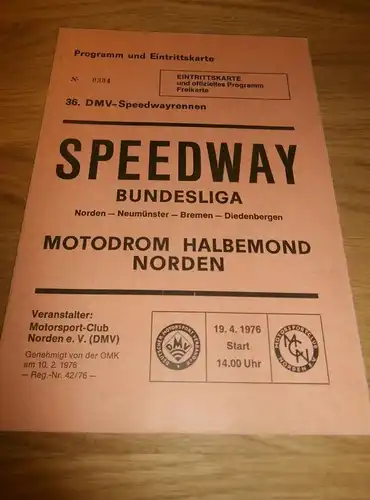 Speedway , Norden 19.04.1976 , Rennprogramm , Rennprogramm , program !!!