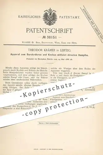 original Patent - Theodor Krämer , Leipzig , 1886 , Rühren & Kochen von Maische durch direkten Dampf | Bier , Brauerei !