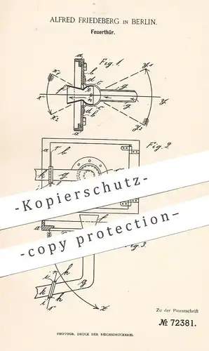 original Patent - Alfred Friedeberg , Berlin , 1893 , Feuertür | Tür , Ofentür | Ofen , Feuerung | Ofenbauer !!!