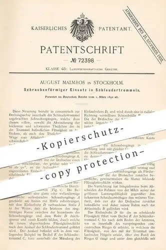 original Patent - August Malmros , Stockholm , Schweden , 1892 , Einsatz in Schleudertrommel | Schleuder | Zentrifuge !