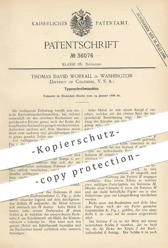 original Patent - Thomas David Worrall , Washington , Columbia , USA , 1886 , Typenschreibmaschine | Schreibmaschine !!