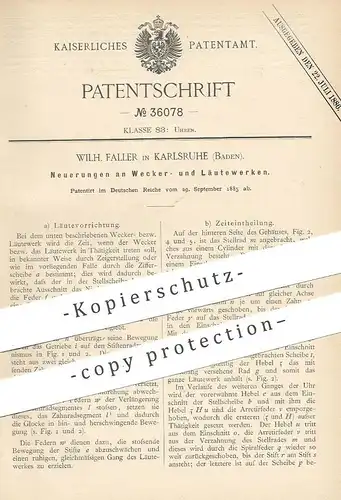 original Patent - Wilh. Faller , Karlsruhe / Baden , 1885 , Wecker , Läutewerk | Uhrwerk , Glocke , Uhr | Uhrmacher !!