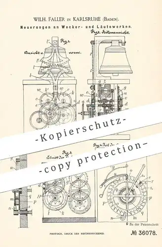 original Patent - Wilh. Faller , Karlsruhe / Baden , 1885 , Wecker , Läutewerk | Uhrwerk , Glocke , Uhr | Uhrmacher !!