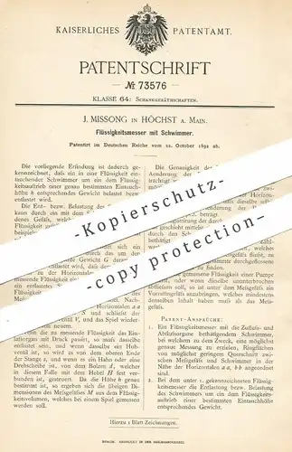 original Patent - J. Missong , Höchst / Main , 1892 , Flüssigkeitsmesser mit Schwimmer | Zapfanlage , Ausschank , Bier