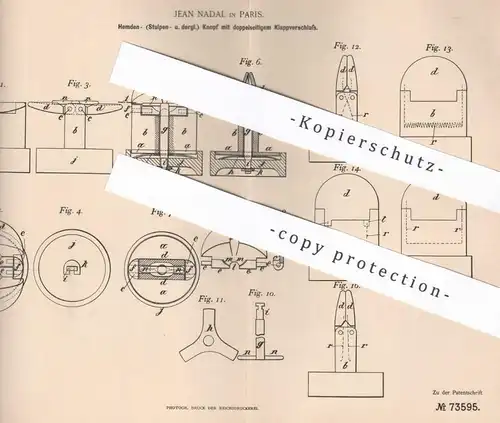 original Patent - Jean Nadal , Paris , Frankreich , 1893 , Knopf für Hemden  | Knöpfe , Schneider , Bekleidung | Mode