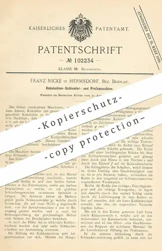 original Patent - Franz Nicke, Hermsdorf / Breslau , 1898 , Kokskohlen Schleuder- u. Presse | Kohlen , Koks , Brennstoff