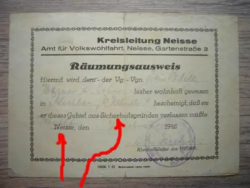 Räumungsausweis - 1945 , Palschau / Palczewo b. Danzig , Vertreibung , Flucht nach Hechingen Hohenzollern , Neisse !!!