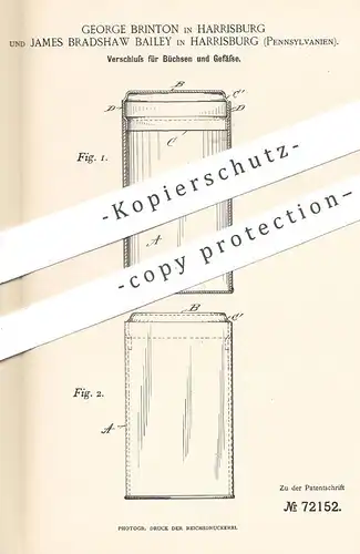 original Patent - George Brinton & James Bradshaw Bailey , Harrisburg Pennsylvania , 1893 | Verschluss für Büchse , Dose