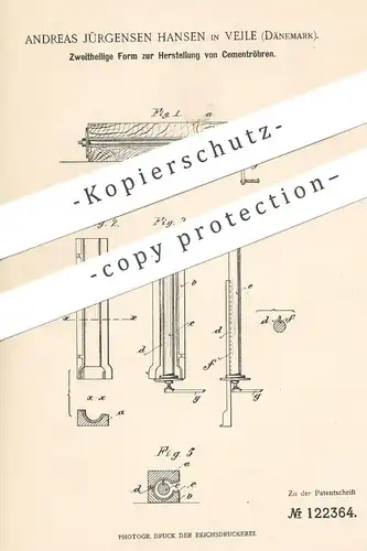 original Patent - Andreas Jürgensen Hansen , Vejle , Dänemark , 1900 , Form zur Herstellung von Zementröhren | Beton !!