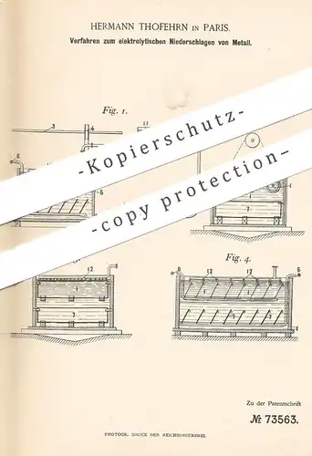original Patent - Hermann Thofehrn , Paris , Frankreich , 1893 , elektrolytisches Niederschlagen von Metall | Chemie !!