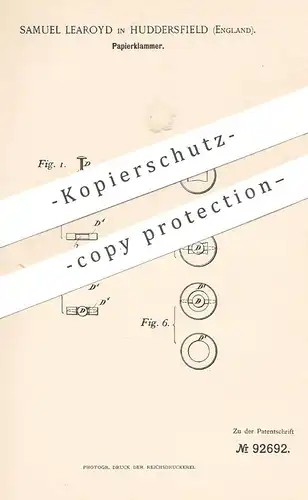 original Patent - Samuel Learoyd , Huddersfield , England , 1896 , Papierklammer | Büroklammer , Papier , Buchbinder !