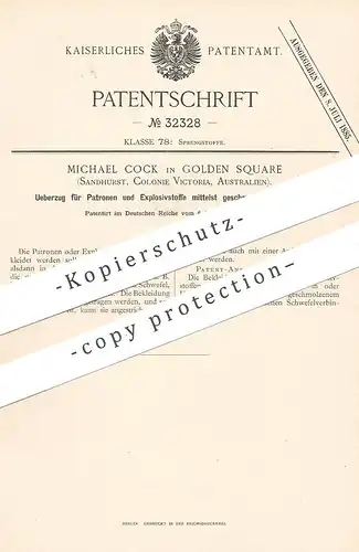 original Patent - Michael Cock , Golden Square , Sandhurst , Victoria Australien | Überzug für Patronen mittels Schwefel