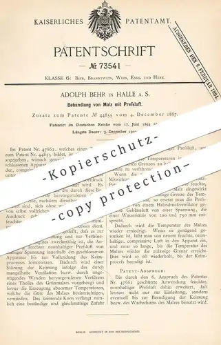 original Patent - Adolph Behr , Halle / Saale , 1893 , Behandlung von Malz mit Pressluft | Gerste , Bier , Brauerei !!