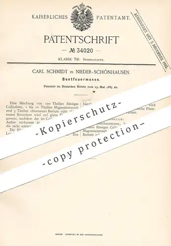 original Patent - Carl Schmidt , Nieder Schönhausen / Berlin 1885 | Buntfeuermasse | Sprengstoff , Collodium , Magnesium