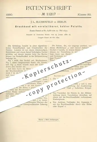 original Patent - J. L. Blumenfeld , Berlin , 1880 , Bruchband mit verstellbarer Pelotte | Medizin , Arzt , Chirurg