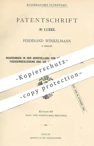 original Patent - Ferdinand Winkelmann , Berlin , 1880 , künstlicher Stein für Fassade | Ziegel , Klinker , Maurer