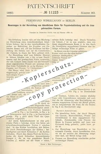 original Patent - Ferdinand Winkelmann , Berlin , 1880 , künstlicher Stein für Fassade | Ziegel , Klinker , Maurer