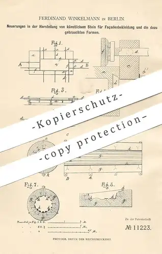 original Patent - Ferdinand Winkelmann , Berlin , 1880 , künstlicher Stein für Fassade | Ziegel , Klinker , Maurer