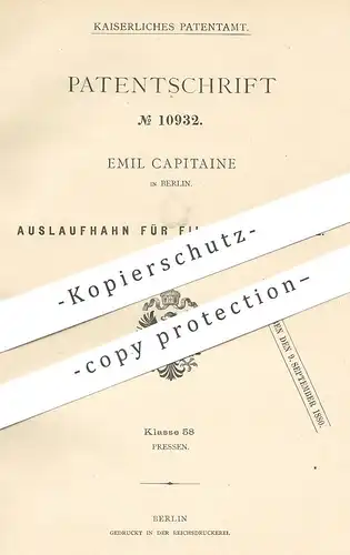 original Patent - Emil Capitaine , Berlin , 1880 , Auslaufhahn für Filtrierapparate | Filter , Wasserhahn , Klempner
