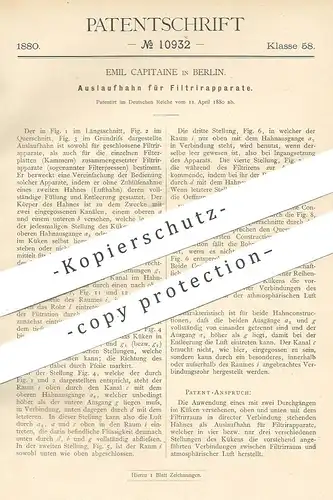 original Patent - Emil Capitaine , Berlin , 1880 , Auslaufhahn für Filtrierapparate | Filter , Wasserhahn , Klempner